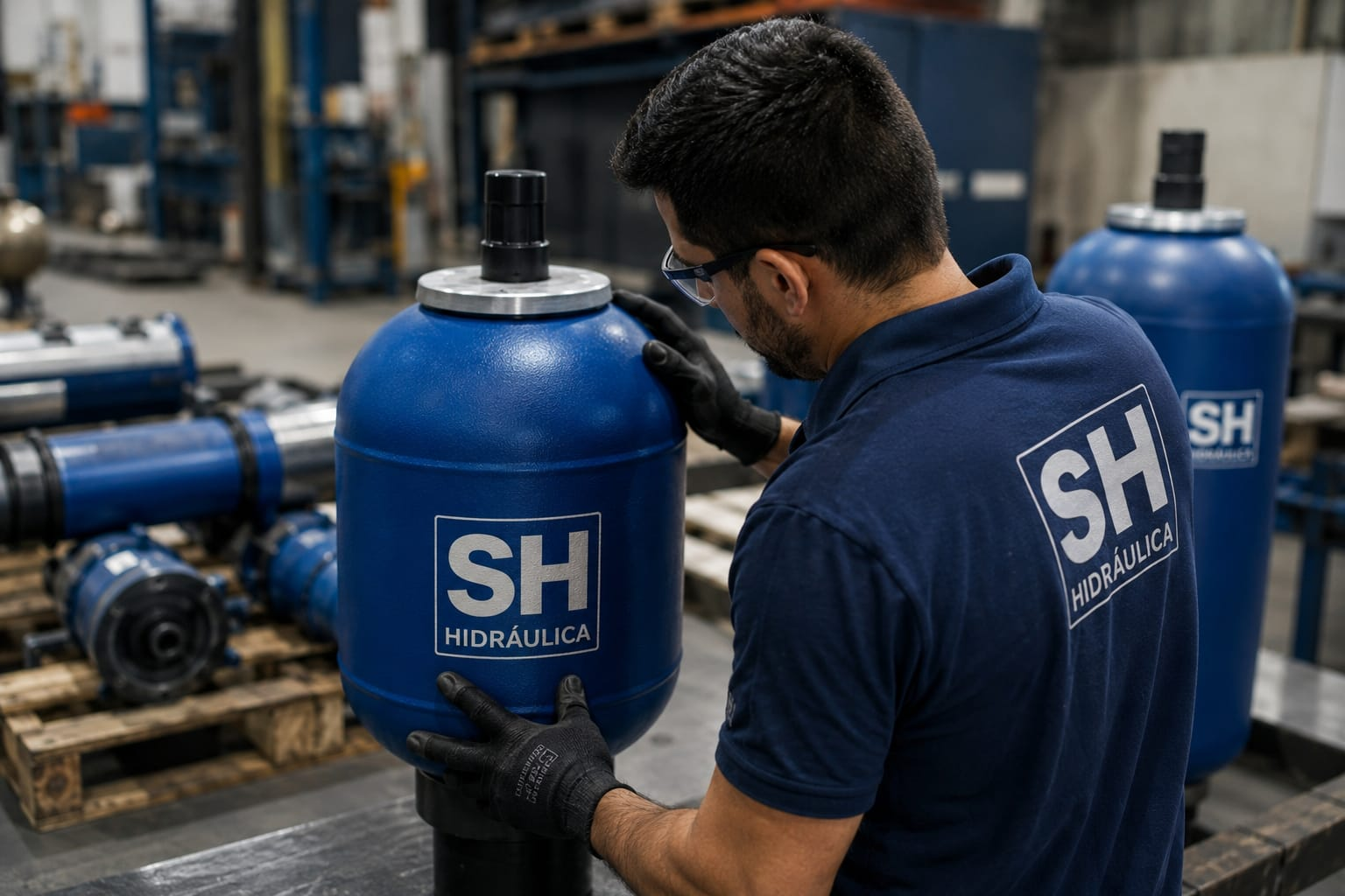 Técnico da SH Hidráulica montando um acumulador hidropneumático de balão