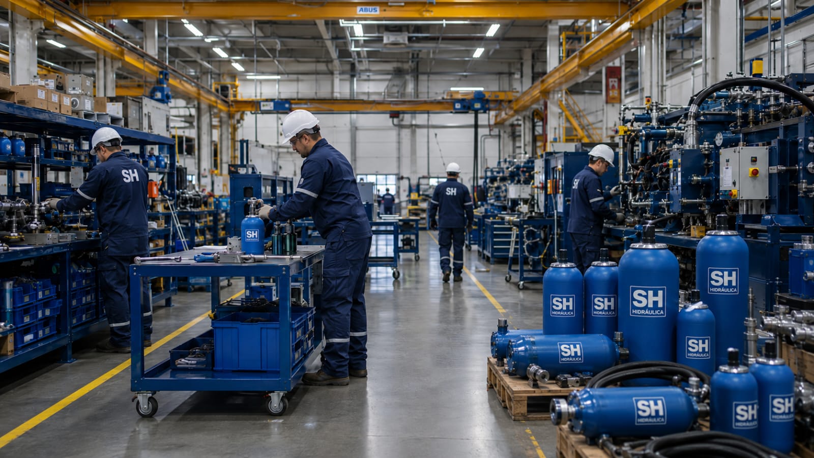 Equipe técnica da SH Hidráulica em oficina industrial realizando manutenção de acumuladores hidropneumáticos